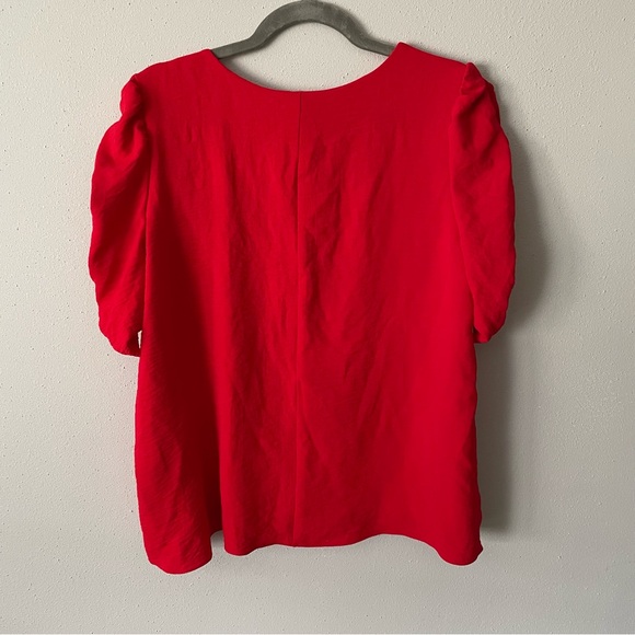 NWT Adrienne Red Ruched Sleeves V-Neck Top | Size Large - Picture 2 of 15